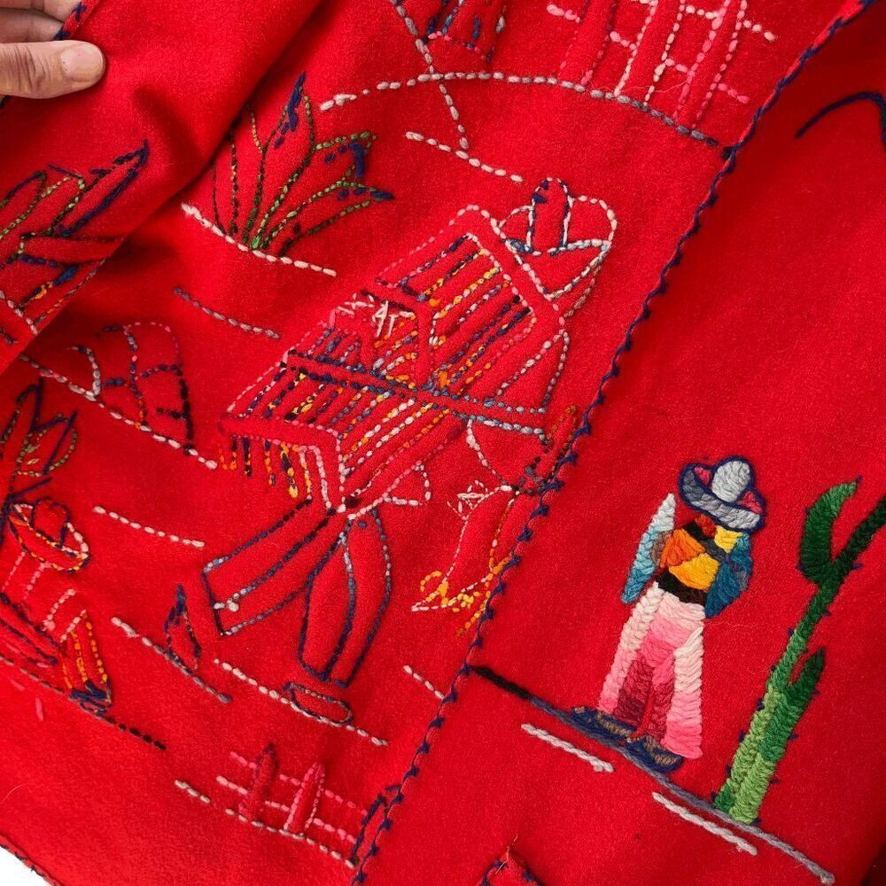 VTG 1940s Mexican Embroidered Wool Jacket Hand-Dyed Yarn, Folk Art, Red Wool S - Picture 11 of 15